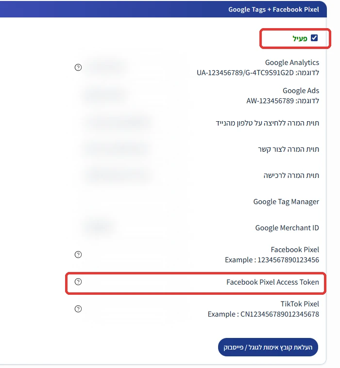 האזור Google Tags + Facebook Pixel עם התיבה פעיל והשדה Facebook Pixel Access Token מסומנים