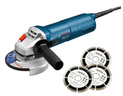 משחזת זוית 4.5 דגם BOSCH GWS 9-115 עם 3 דיסקי יהלום בוש