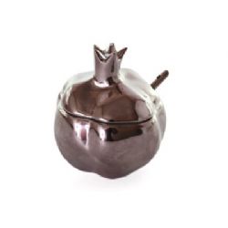 כלי לדבש בצורת רימון מכסף עם כפית תואמת