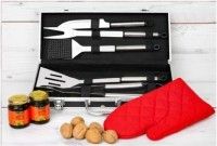 סט כלי ברביקיו מנירוסטה גדול במזוודת אלונמיניום, כפפה, רוטב סילאן לגריל