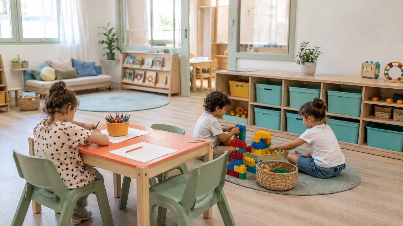 ילדים משתמשים בריהוט מותאם בפינות פעילות שונות בגן